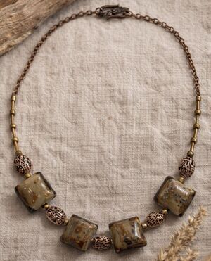 Art Glass Beaded Necklace Copper Tone Boho Square Lampwork Vintage Style